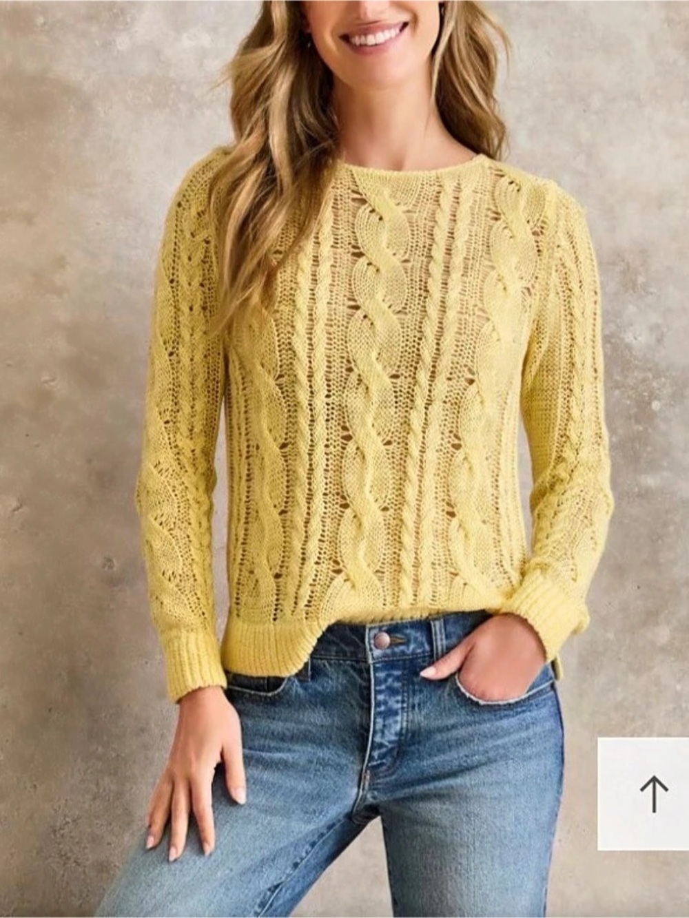 Garnet Hill Linen & Organic-Cotton Cabled Pullover Yellow Small